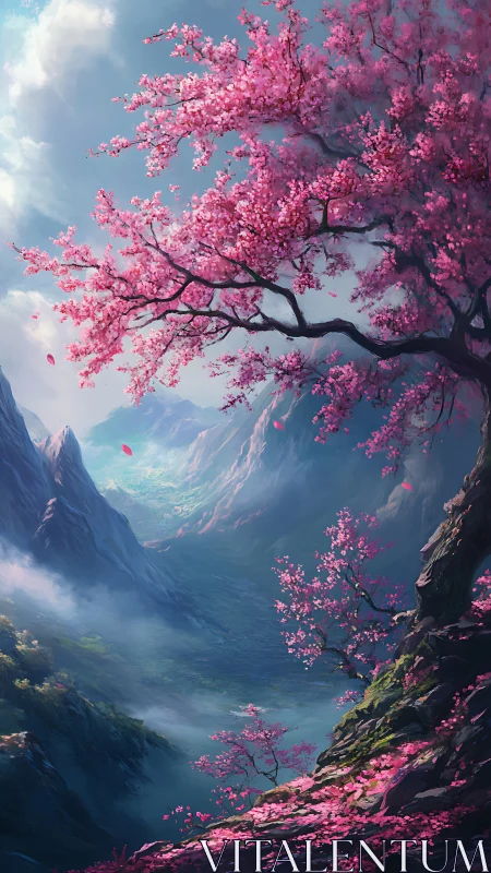 Cherry blossoms glow above a misty fantasy mountain valley