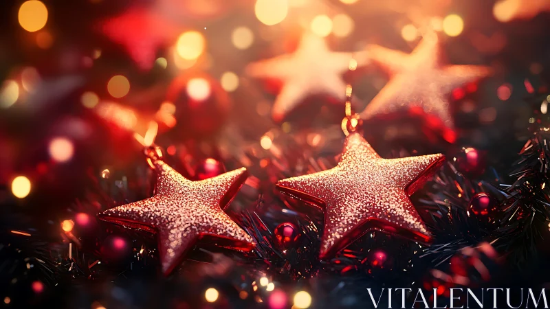 Red star ornaments are arranged in shallow depth of field