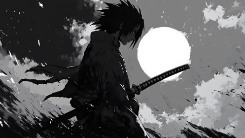 Lone swordsman silhouette holds katana under stark full moon