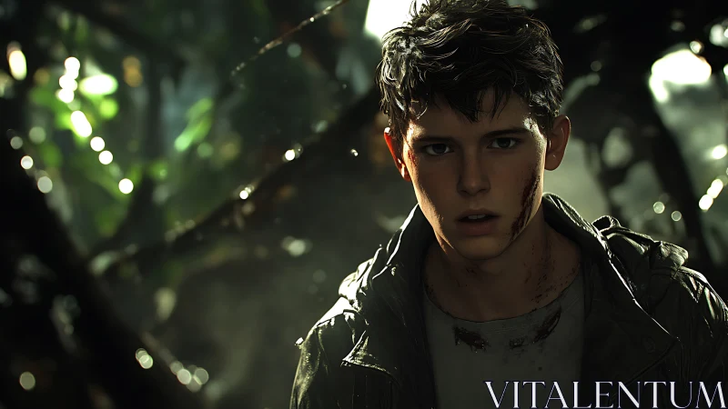 Brave young survivor pausing in a shadowy forest retreat.