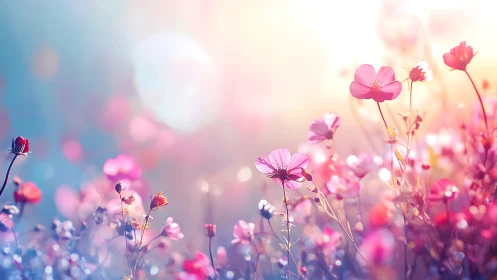Pink Cosmos Flowers Blooming in Soft Golden Sunlight Field