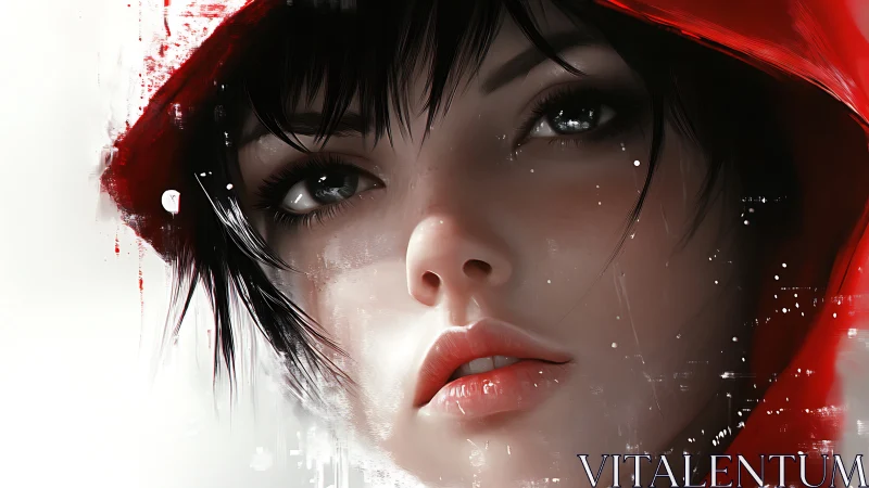 Red-hooded woman gazes ahead in luminous digital portrait.