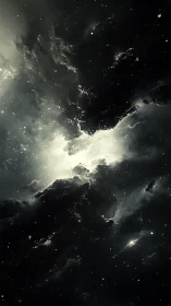 Volumetric nebula clouds carve luminous voids in deep space