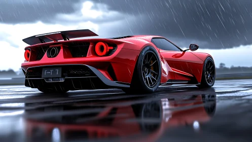 Aerodynamic red supercar under rainfall with wet-surface reflections