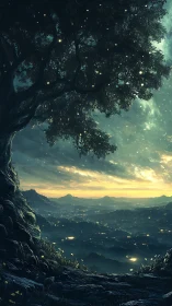 Ancient tree watches glowing valley beneath a starlit dawn