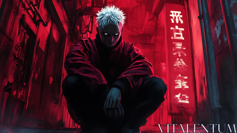 Neon alley sentinel with bioluminescent gaze in crimson haze.