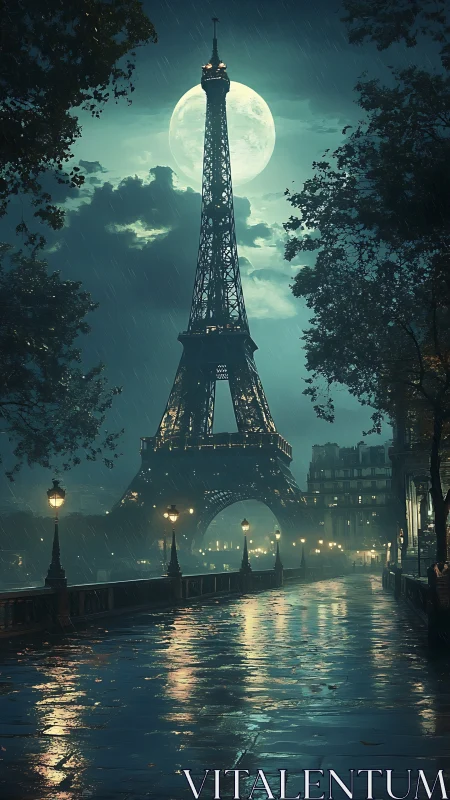 Moonlit Paris rain stroll beside the glowing Eiffel Tower.