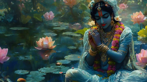 Blue-skinned deity in lotus pond with detailed ornaments.