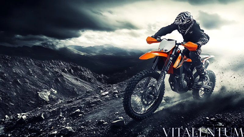 Dynamic downhill dirt bike action in dramatic terrain lighting.