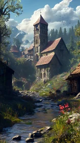 Whispering creek beneath a sunlit mountain village tower.