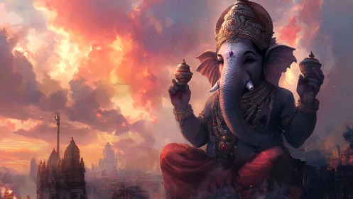 Majestic Ganesha deity above temples in radiant dusk sky.