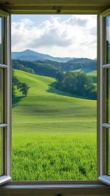 Open casement window frames sunlit rolling green hills