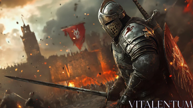 Armored knight stands defiant before burning besieged citadel.