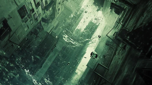 Drowned city corridor tilts as emerald floodwater unravels