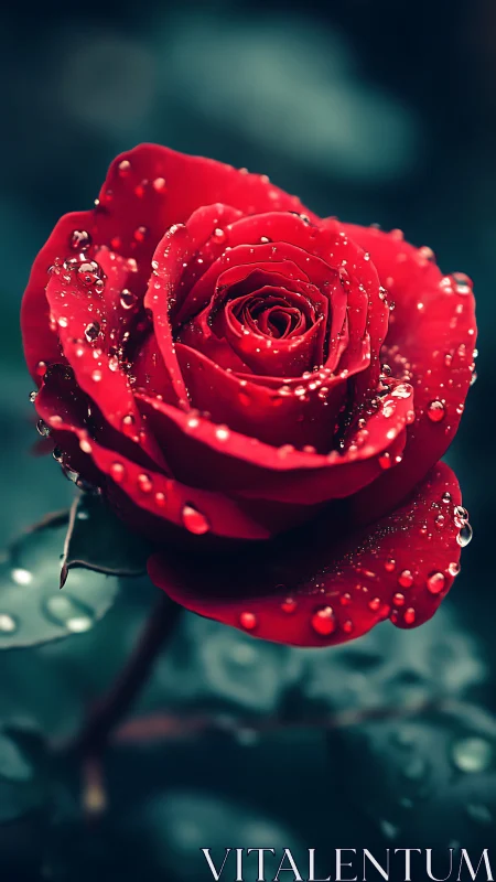Red rose with water droplets against dark teal background