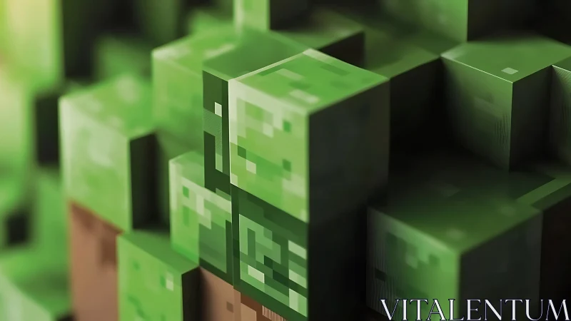 Green voxel cubic cluster in shallow depth of field.