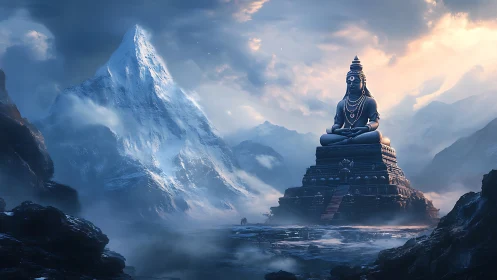 Colossal mountain deity statue in misty glacial valley.