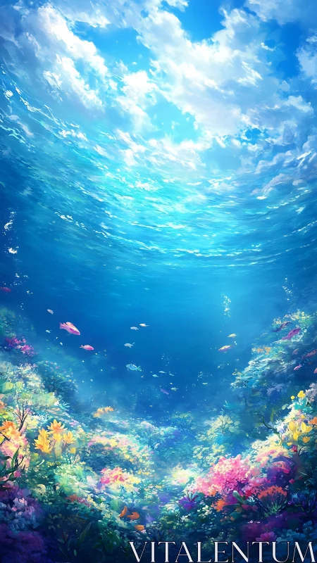Sunlit coral garden drifting beneath a bright blue sky.