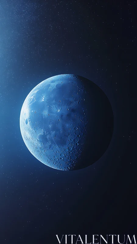 Crescent lunar body rendered in blue against star field.