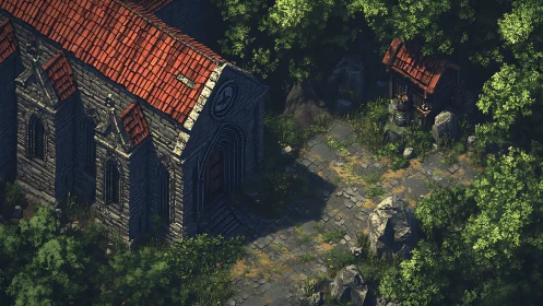 Sunlit forest chapel path with quiet storybook charm.