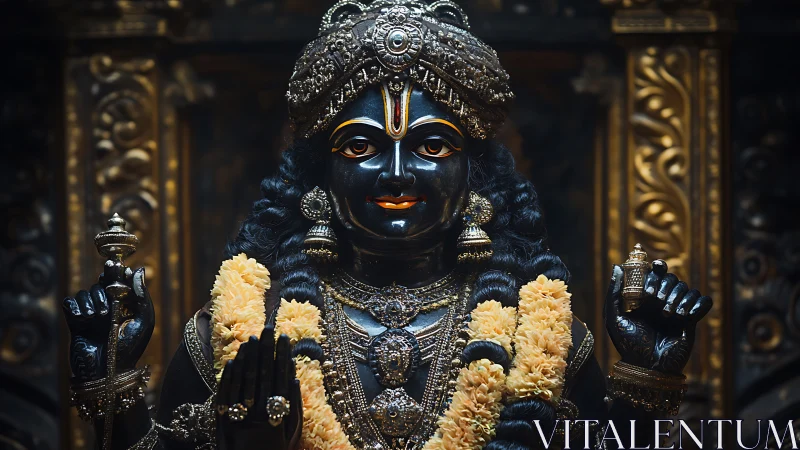 Black stone deity sculpture with garlands and ornaments.