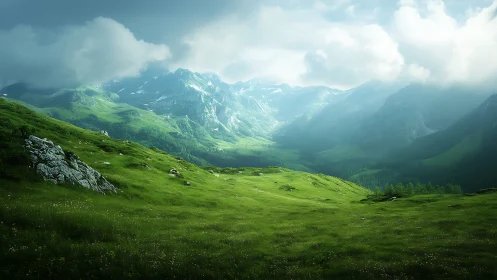 Atmospheric alpine valley under volumetric cloud diffusion.