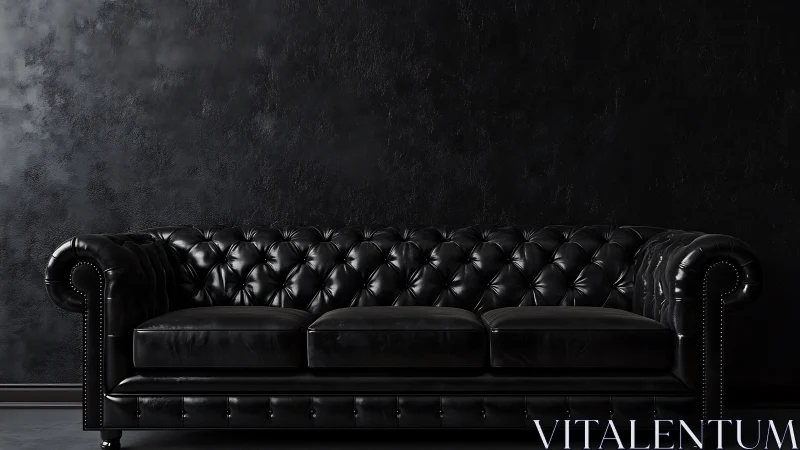 Monochrome tufted leather sofa against textured noir wall.