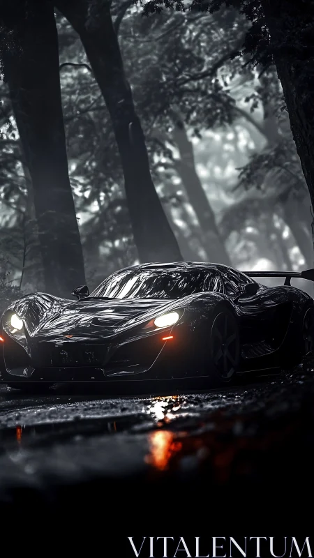 Midnight hypercar poised on wet forest road in misty gloom.