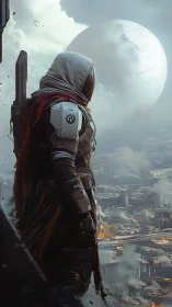 Armored sentinel surveys dystopian city beneath massive orbital sphere