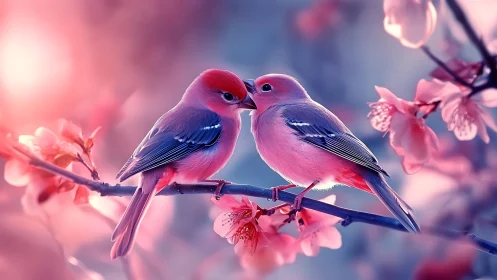 Two pink and blue birds face each other on flowering branch