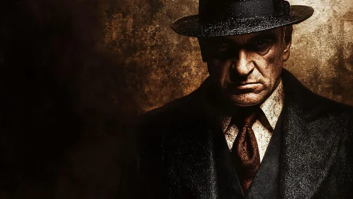 Brooding noir gentleman stands in shadowed golden light