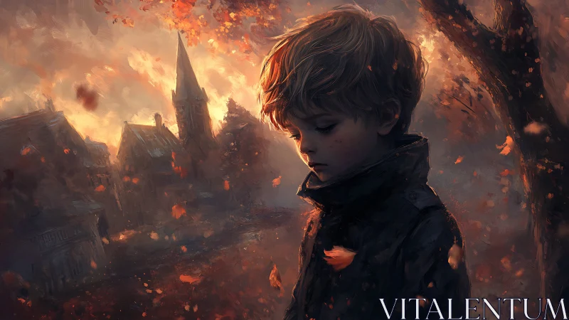 Melancholic boy in autumnal village rendered in painterly light