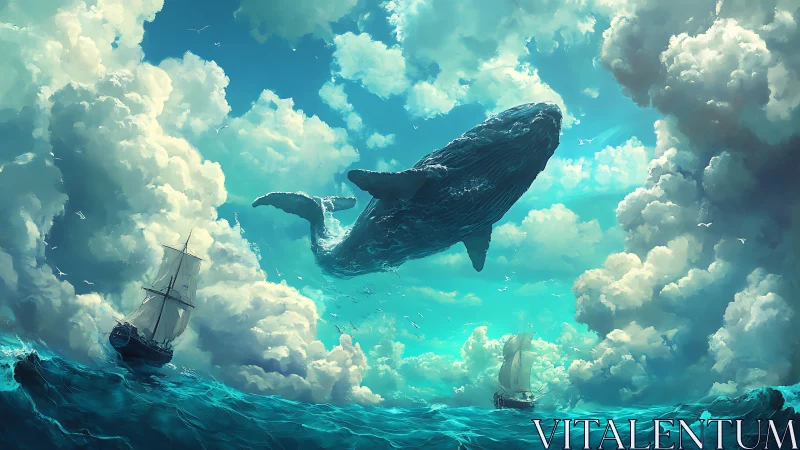 Skyborne whale drifts above storm-lit turquoise ocean.