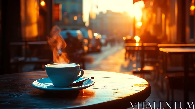 Steaming coffee cup on sunlit street café table at dawn.