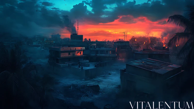 Fiery dusk sky rolls over a smoky city in quiet tension