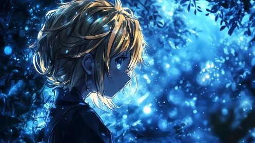 Side profile of blond anime character in blue forest light