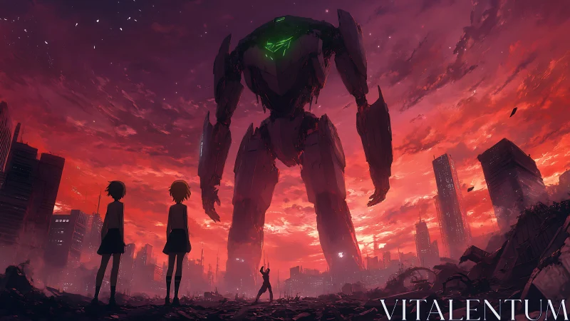 Colossal mech looms over ruined city at burning red dusk