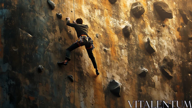 Solo climber scales sunlit indoor rock wall in silhouette.