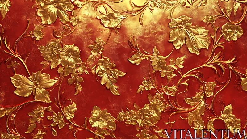 Gold floral relief pattern overlays uniform red metallic field