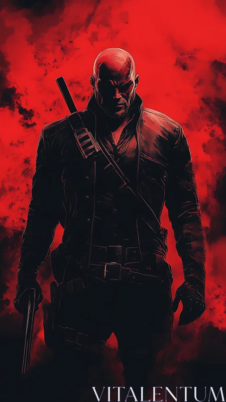 Menacing armed figure emerges from high-contrast red vapor field