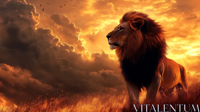 Majestic lion stands against blazing sunset clouds in savanna