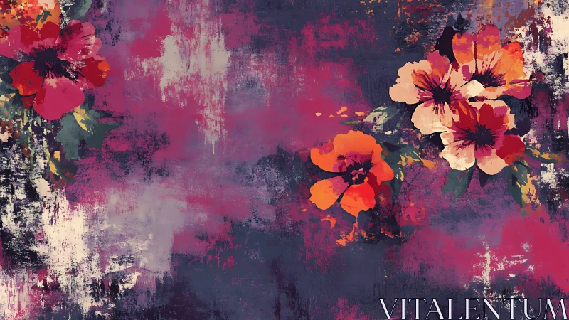 Abstract Floral Composition with Weathered Mixed Media Elements.