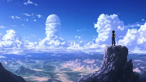 Anime landscape panorama with lone figure on high summit.
