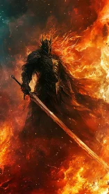 Armored flame warlord emerges from inferno with blazing sword
