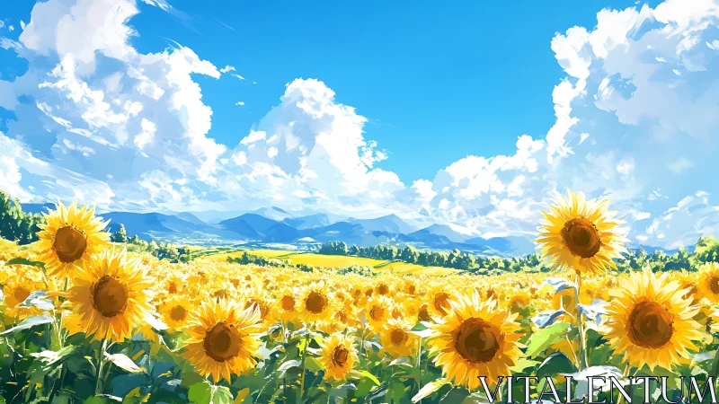 Sunlit sunflower fields glow beneath vast summer skies