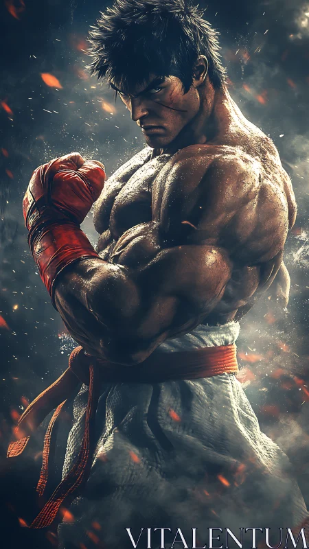 Hyperreal martial artist under dynamic volumetric embers.