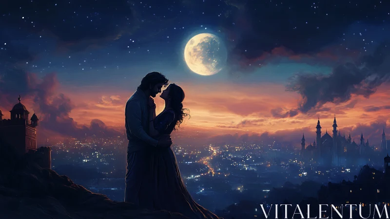 Moonlit Embrace Above Illuminated City Skyline.