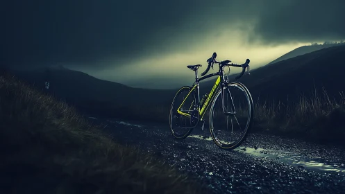 Yellow Road Bike on Mountain Path Against Dramatic Sky.