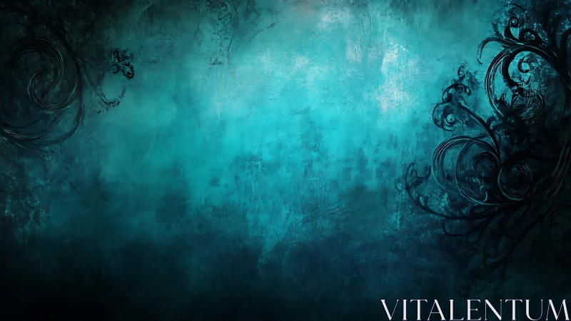 Turquoise mist backdrop with dark ornamental curls.
