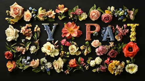 YO PRAT Floral Collage with Saturated Blooms Against Dark Background.